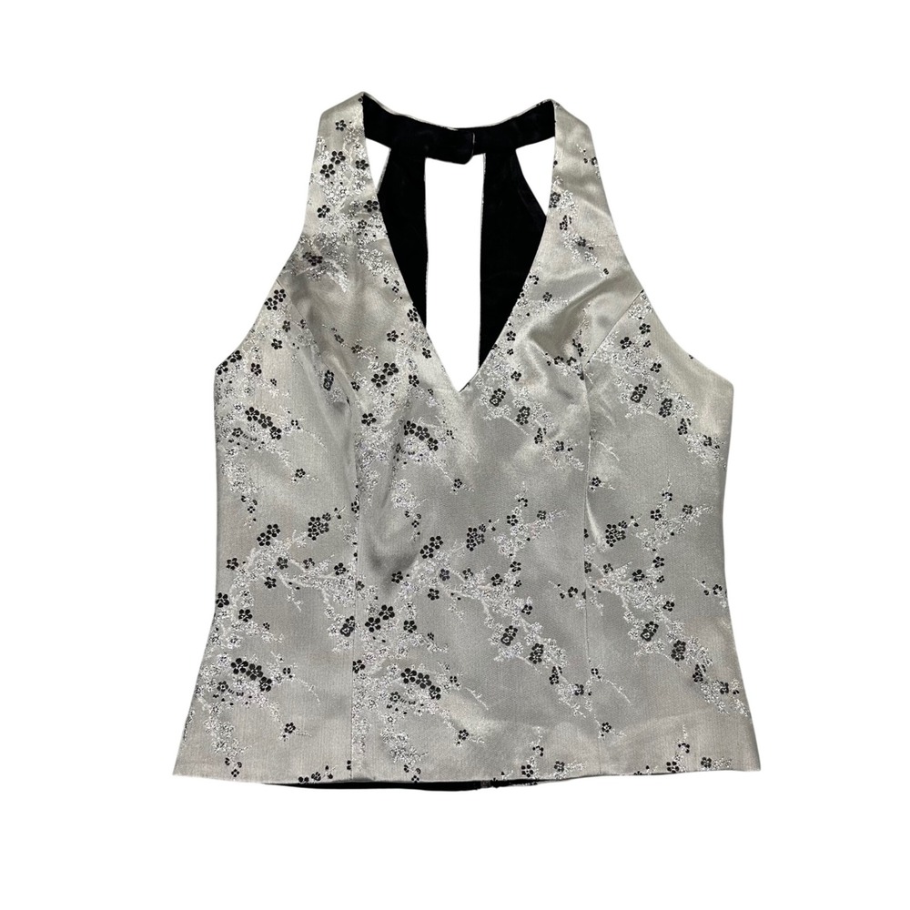 Vintage Silver Floral Brocade Halter Top 90s Y2K Evening Blouse Zip Back